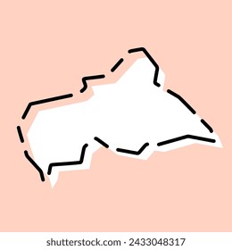 Central African Republic country simplified map. White silhouette with black broken contour on pink background. Simple vector icon