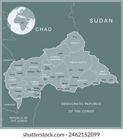 República Centroafricana - mapa detallado con las divisiones administrativas del país. Ilustración vectorial