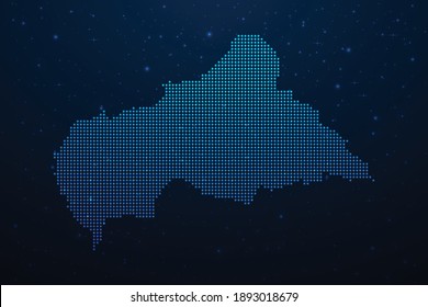 Central African Republic dotted map in futuristic style, glowing outline made of stars lines dots. Communication, internet technologies concept on dark blue space background. Vector illustration.