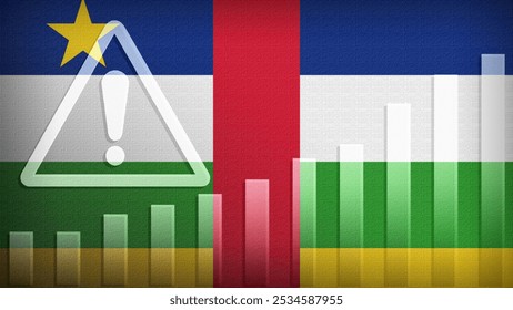 Central African Republic flag with burlap texture, warning sign, and rising bar chart symbolizing increasing risk or growth challenges in the country. Ideal for data presentations.