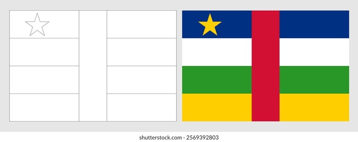 Central African Republic flag - coloring page. Set of white wireframe thin black outline flag and original colored flag.