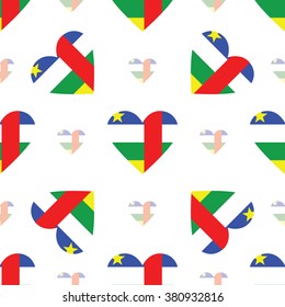 Central African Republic flag heart seamless pattern. Patriotic Central African Republic flag background. Country flag in the shape of heart. Vector seamless pattern.