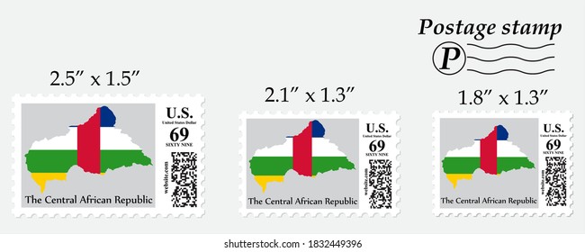 The Central African Republic flag map on postage stamp different size.