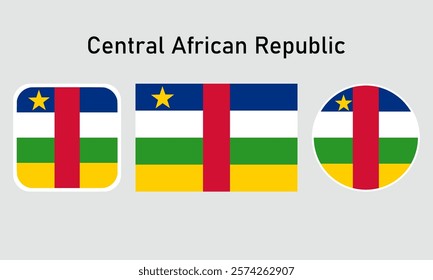 central african republic flag set of icons. A set of flags in square, rectangular and round shapes. Flag icon. Standard colors. Vector illustration.