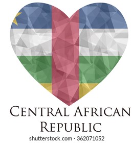 Central African Republic flag shape heart in geometric rumpled triangular low poly origami style graphic illustration,mosaic polygonal style.Symbol of love to country.Retro / vintage style background.