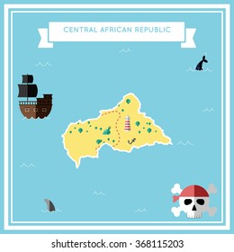 Central African Republic flat treasure map.. Colorful cartoon treasure map of Central African Republic with flat icons of pirate ship, jolly roger, treasure chest and banner ribbon.