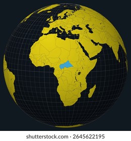 Central African Republic highlighted on a globe in a Charcoal Bright Yellow color palette. The image shows the country's shape on the world map with latitude and longitude lines.