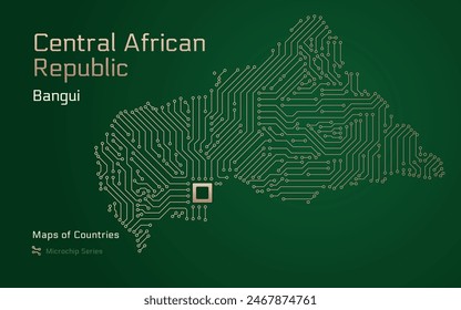 Central African Republic Map with a capital of Bangui Shown in a Microchip Pattern with processor. E-government. World Countries vector maps. Microchip Series