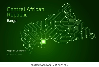 Central African Republic Map with a capital of Bangui Shown in a Microchip Pattern with processor. E-government. World Countries vector maps. Microchip Series