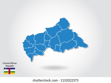 central African Republic map design with 3D style. Blue central African map and National flag. Simple vector map with contour, shape, outline, on white.