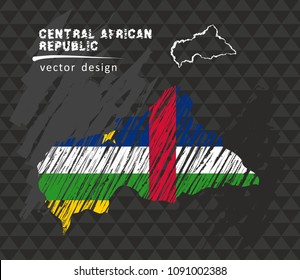 Central African Republic map with flag inside on the black background. Chalk sketch vector illustration