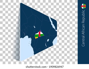 Mapa y bandera de la República Centroafricana con fondo transparente. Destacó a la República Centroafricana en el mapa del vector azul.