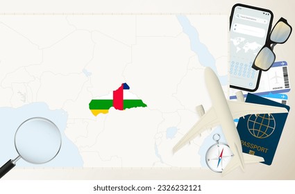 Central African Republic map and flag, cargo plane on the detailed map of Central African Republic with flag, passport, magnifying glass and airplane. Vector template.