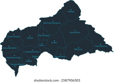 Central African Republic map high detailed with administrative divide by state, capital cities names, outline simplicity style. Vector illustration EPS10.