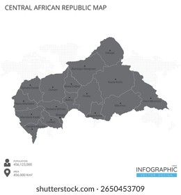 Karte der Zentralafrikanischen Republik hoch detailliert mit Regionen und Städten des Landes auf weißem Hintergrund. Vektorgrafik EPS10.