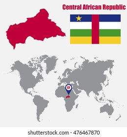 Central African Republic map on a world map with flag and map pointer. Vector illustration