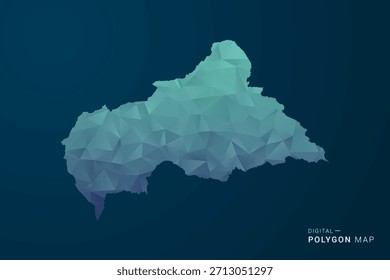 Karte Zentralafrikanische Republik - Vektorgrafik im Polygonstil mit blauem Farbverlauf, geometrischem Design mit niedrigem Poly, inspiriert von Digital und Technologie, saubere Silhouette auf dunklem Hintergrund.