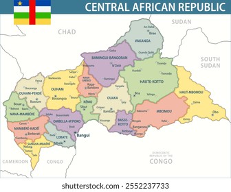 Mapa da República Centro-Africana Vetor Novo 2024 Colorido - Mapa político em camadas personalizável da República Centro-Africana com divisões administrativas para o site, educação, relatórios, notícias, política