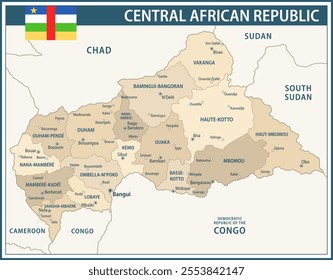 Central African Republic Map Vector Vintage Dark Blue Beigel - Customizable layered political map of Central African Republic with administrative divisions for website, education, reports, news, polit