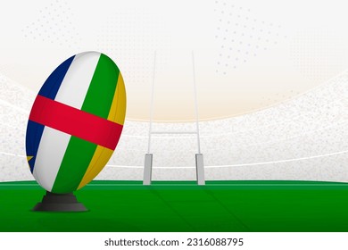 Central African Republic national team rugby ball on rugby stadium and goal posts, preparing for a penalty or free kick. Vector illustration.