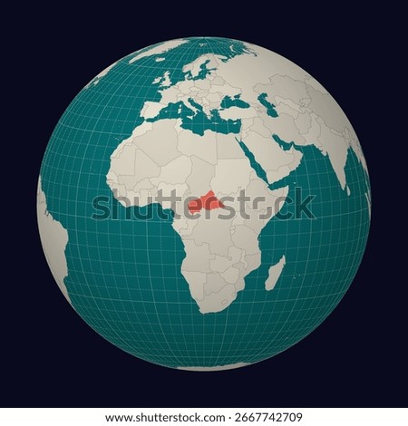 Central African Republic on the map. Globe centered to Central African Republic. Country location on the world map. Teal Pale Mint color palette. Globe with countries, meridians and parallels.