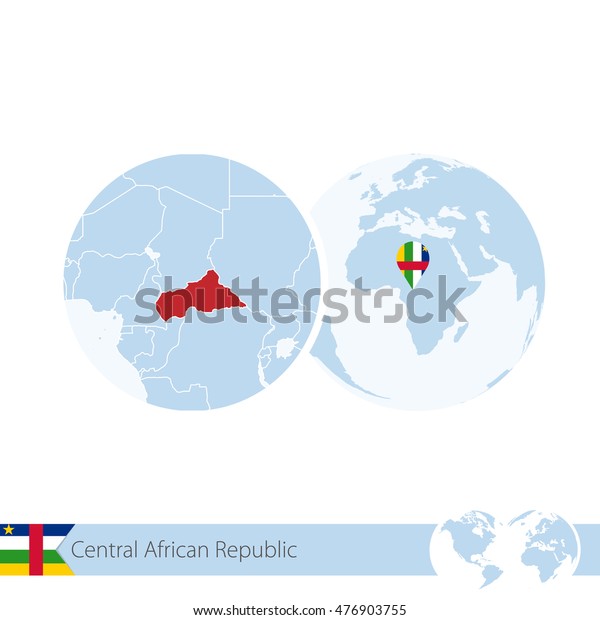 Central African Republic on world\
globe with flag and regional map of CAR. Vector\
Illustration.