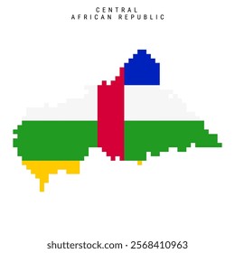 Central African Republic pixel flag map icon. 8 bit pixel art CAR map covered with flag. Flat vector illustration isolated on white background.