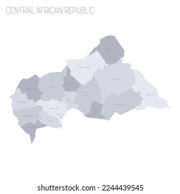 Central African Republic political map of administrative divisions - prefectures and autonomous commune Bangui. Grey vector map with labels.