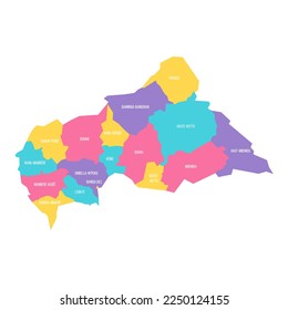 Central African Republic political map of administrative divisions - prefectures and autonomous commune Bangui. Colorful vector map with labels.