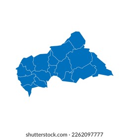 Central African Republic political map of administrative divisions - prefectures and autonomous commune Bangui. Solid blue blank vector map with white borders.