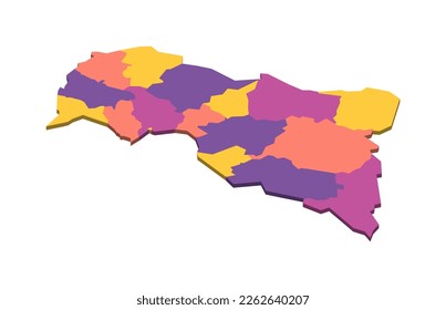 Central African Republic political map of administrative divisions - prefectures and autonomous commune Bangui. Isometric 3D blank vector map in four colors scheme.