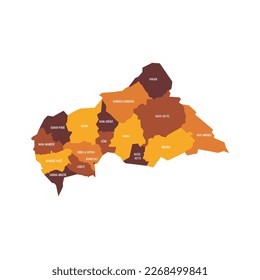 Central African Republic political map of administrative divisions - prefectures and autonomous commune Bangui. Flat vector map with name labels. Brown - orange color scheme.