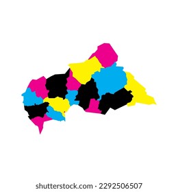 Central African Republic political map of administrative divisions - prefectures and autonomous commune Bangui. Blank vector map in CMYK colors.