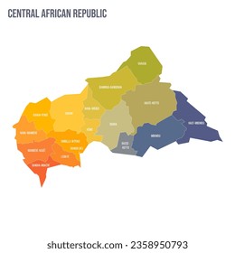 Central African Republic political map of administrative divisions - prefectures and autonomous commune Bangui. Colorful spectrum political map with labels and country name.