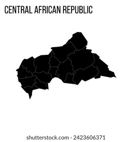 Central African Republic political map of administrative divisions - prefectures and autonomous commune Bangui. Blank black map and country name title.