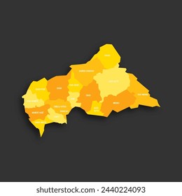 Central African Republic political map of administrative divisions - prefectures and autonomous commune Bangui. Yellow shade flat vector map with name labels and dropped shadow isolated on dark grey