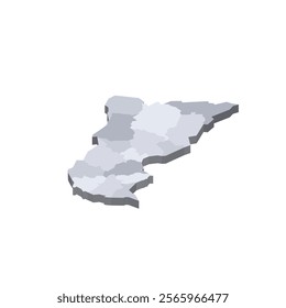 Central African Republic political map of administrative divisions - prefectures and autonomous commune Bangui. 3D isometric blank vector map in shades of grey.