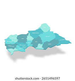 Mapa político das divisões administrativas da República Centro-Africana - prefeituras e comuna autônoma de Bangui. Mapa de vetor turquesa 3D com rótulos de nome.