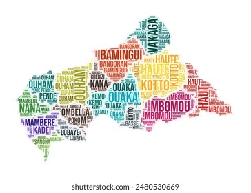 Central African Republic region word cloud. Country shape design. Central African Republic colored illustration. Region names collage cloud. Vector illustration.