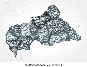 Central African Republic regions word clouds. Country shape on textured background. Central African Republic design in typographic style. Amazing vector illustration.