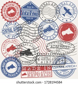 Central African Republic Set of Stamps. Travel Passport Stamps. Made In Product Design Seals in Old Style Insignia. Icon Clip Art Vector Collection.