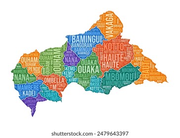 Central African Republic shape. Country word cloud with region division. Central African Republic colored illustration. Region names cloud. Vector illustration.