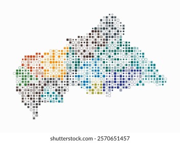 Central African Republic, shape of the country build of colored cells. Digital style map of the Central African Republic on white background. Small size rounded square blocks.