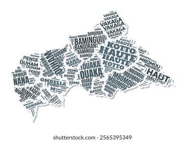 Central African Republic shape text cloud. Country border with shadow on white background. Central African Republic with regions division in vintage gazette style. Stylish vector illustration.