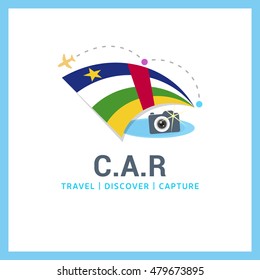 Central African Republic Travel, Discover, Capture logo - Vector travel Photographer logo design - Country Flag Travel, Discover and Photographer Conceptual logotype - vector illustration