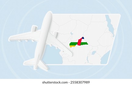 Central African Republic Travel Illustration with Plane and National Flag. Ideal for travel agencies, promotional materials, or geographic content related to Central African Republic.