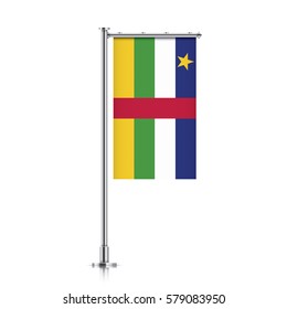 Central African Republic vector banner flag hanging on a silver metallic pole. Central African Republic vertical flag template isolated on a white background.