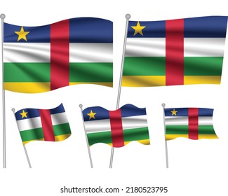 Banderas vectoriales de la República Centroafricana. 5 banderas 3D de tela ondulada diferentes ondeando sobre el viento. EPS 10 se crea utilizando mallas de gradiente aisladas en fondo blanco. Elementos de la colección mundial
