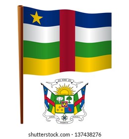 central african republic wavy flag and coat of arms against white background, vector art illustration, image contains transparency