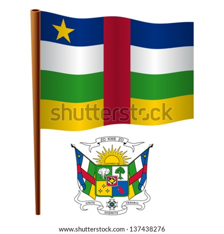 central african republic wavy flag and coat of arms against white background, vector art illustration, image contains transparency